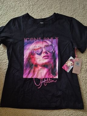 Paris Hilton Black Tee with Pink and Purple Portrait Graphic